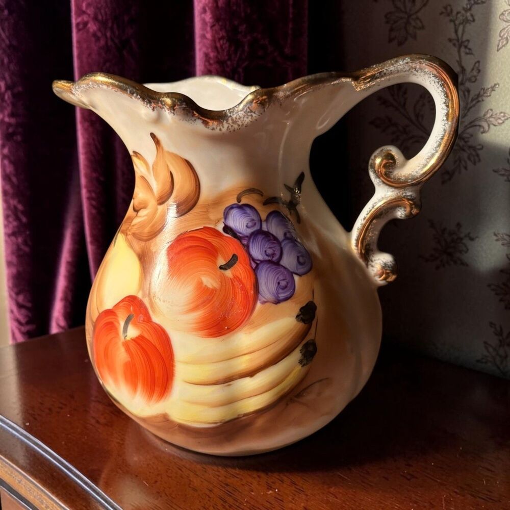 Hand Painted Pitcher Gold Scalloped Fruit  design VTG  Japan 6 in